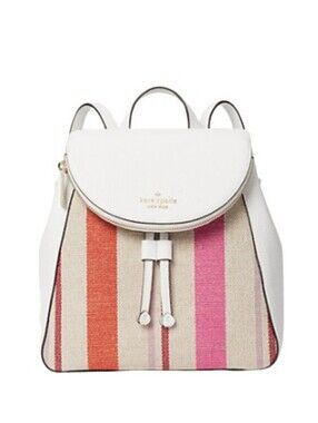 Kate Spade Leila Flap Striped Canvas Backpack Pebbled Leather Pink Orange White